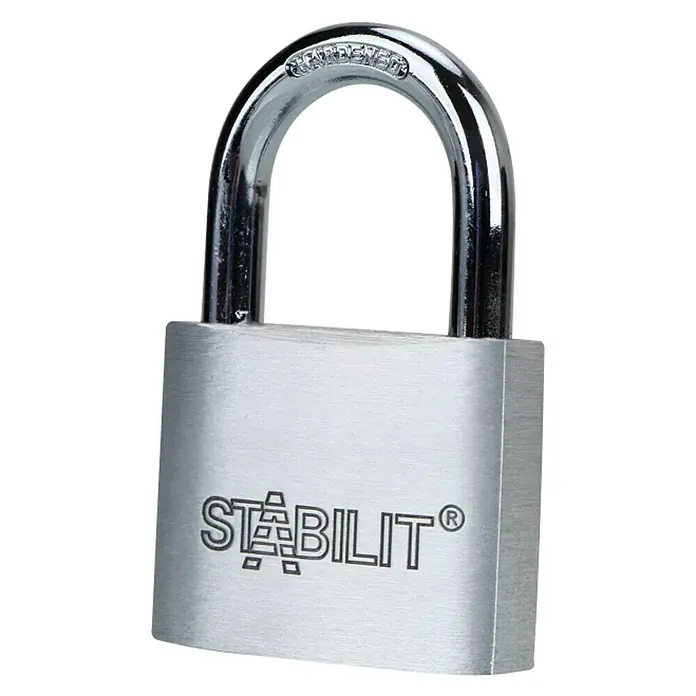 Stabilit Candado A50 - Ancho: 50 mm, Espesor de estribo: 8 mm - Imagen de un candado STÄBILT de color plateado con arco endurecido.