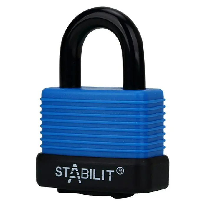 Stabilit Candado K50 - Ancho: 44 mm, Espesor de estribo: 9 mm - Primer plano de un candado azul robusto y resistente a la intemperie con un grillete y una base negros para mayor seguridad.