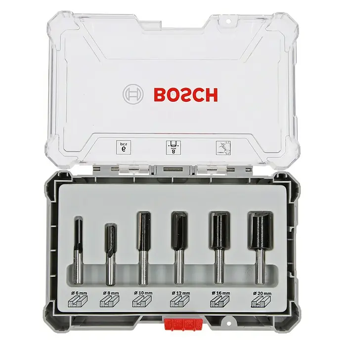 Bosch Fräser-Set Nut - Durchmesser Schaft: 8 mm, 6 -tlg. - Bosch-Fräser-Set mit verschiedenen Größen in einem transparenten Kunststoffkoffer. Ideal für präzise Holzarbeiten und Heimwerkerprojekte.