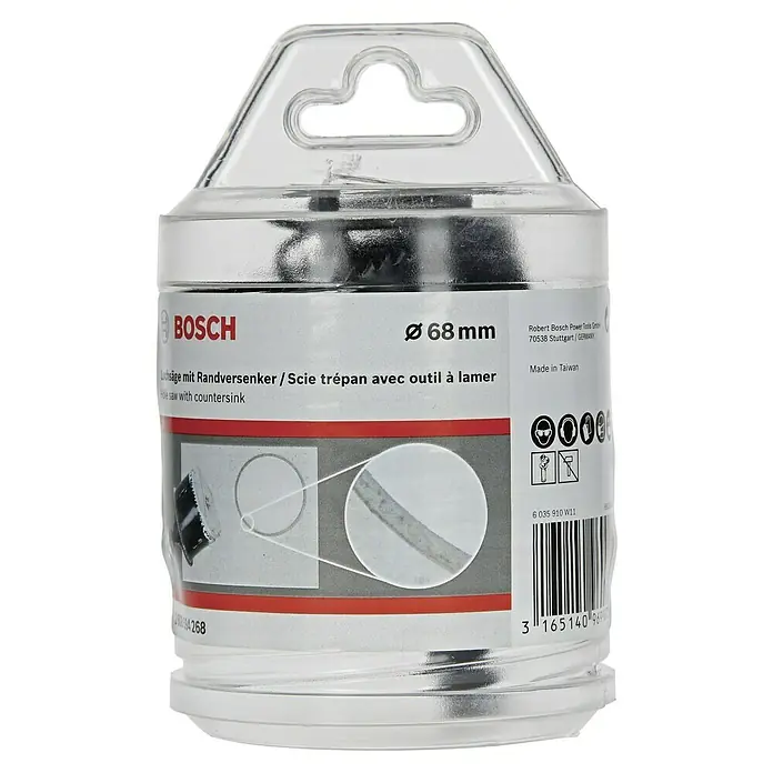 Bosch Lochsäge Hohlraumdosen - Durchmesser: 68 mm, Stahl - Eine Bosch Lochsäge mit Randversenker, verpackt in einer transparenten Kunststoffverpackung, ideal für präzise Bohrarbeiten.