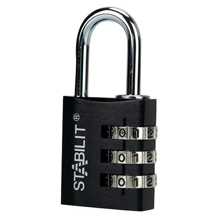 Stabilit Candado con combinación ZA-30 S - Ancho: 30 mm, Aluminio, Negro - Primer plano de un candado de combinación Stabilit negro con un grillete plateado, establecido en la combinación 0-1-2.