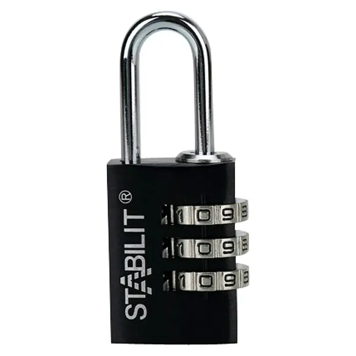 Stabilit Candado con combinación ZA-20 S - Ancho: 21 mm, Aluminio, Negro - La imagen muestra un candado de combinación STABILIT® negro con tres ruedas giratorias para mayor seguridad.