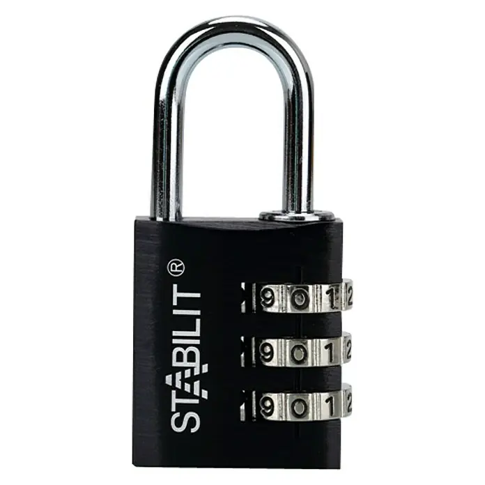 Stabilit Candado con combinación ZA-30 S - Ancho: 30 mm, Aluminio, Negro - La imagen muestra un candado Stabilit negro con un grillete plateado y un código de tres dígitos.