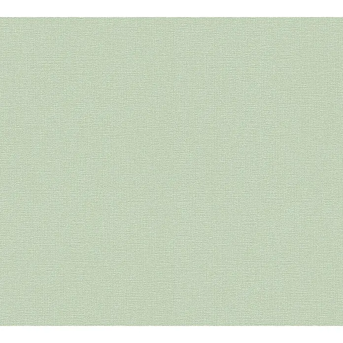 A.S. Création Greenery Vliestapete - Hellgrün, Uni, 10,05 x 0,53 m - Close-up einer Tapete mit Stoffmuster in einem sanften Grünton, ideal für ruhige und einladende Innenräume.