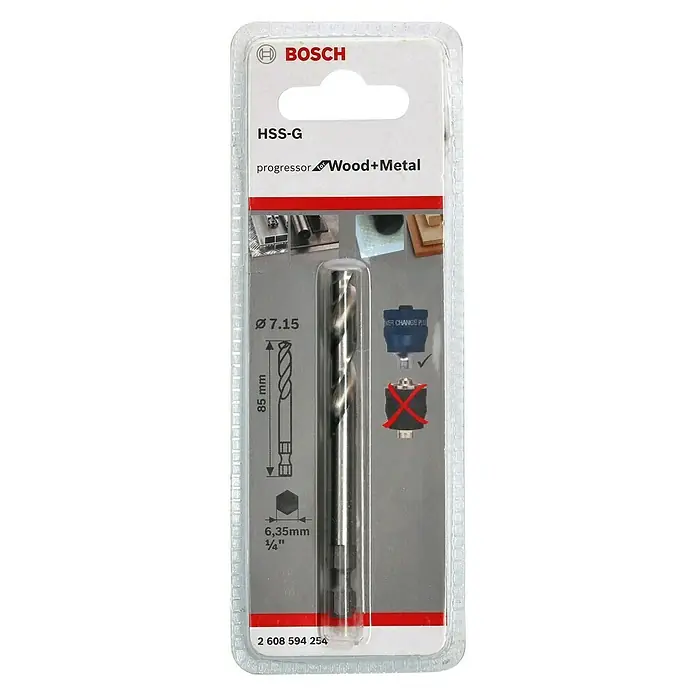 Bosch Bohrer HSS-G - Durchmesser: 7,15 mm, Passend für: Bosch Power-Change-Schnellwechselsystem - Bosch HSS-G Metallbohrer im Blisterpack. Geeignet für Holz und Metall, Durchmesser 7,15 mm, Länge 85 mm, Schaft 6,35 mm (1/4").