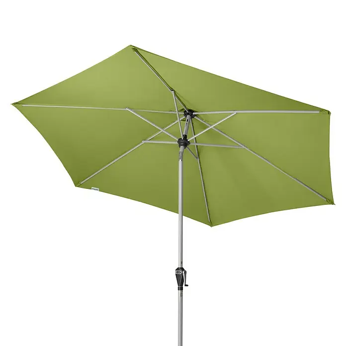 Doppler Active Marktschirm rund Auto Tilt - Fresh Green, Durchmesser Bespannung: 280 cm - Grüner rechteckiger Sonnenschirm für den Außenbereich mit silbernem Rahmen und Ständer vor schwarzem Hintergrund.