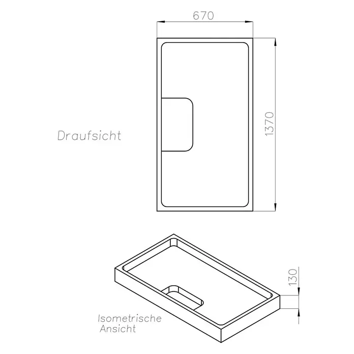 Ottofond Duschwannenträger Coco-R - L x B: 137 x 67 cm, Expandiertes Polystyrol, Weiß - Draufsicht und isometrische Ansicht einer Duschwanne mit den Maßen 670 x 1370 x 130 mm.
