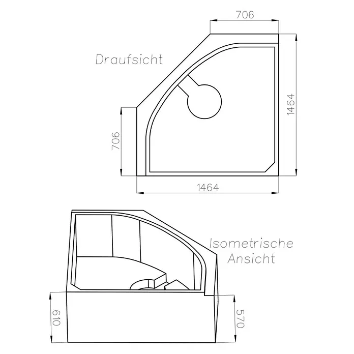 Ottofond Badewannenträger Largo - Passend für: Eckbadewanne Largo 140 x 140 cm - Draufsicht und isometrische Ansicht einer Duschkabine mit den Maßen 706x1464 mm, Höhe 610 mm bzw. 570 mm.
