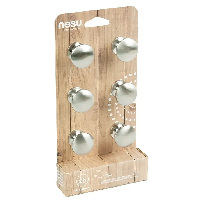 Nesu Pomo para muebles 25316 6 uds. - Ø x Al: 30 x 27 mm, Acero, Niquelado - Paquete de seis pomos para muebles NESU, acabado en níquel cepillado, completo con tornillos a juego para una fácil instalación.