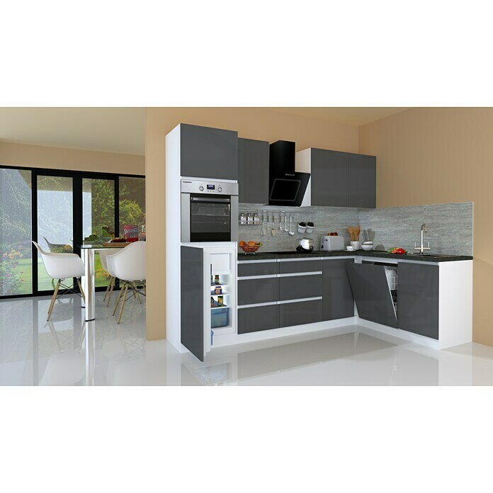 Respekta Premium Cocina esquinera (280 x 172 cm, Con dispositivos eléctricos, Gris de alto brillo)