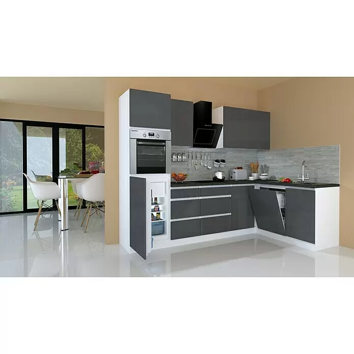 Respekta Premium Cocina esquinera Lorena - Ancho: 280 cm, Gris, Brillo intenso, Efecto piedra, Con electrodomésticos - Cocina moderna en L con gabinetes blancos y gris oscuro, encimera oscura, horno empotrado y nevera/lavavajillas abiertos.
