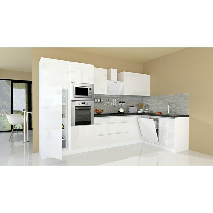 Respekta Premium Cocina esquinera (345 x 172 cm, Con dispositivos eléctricos, Blanco de alto brillo)