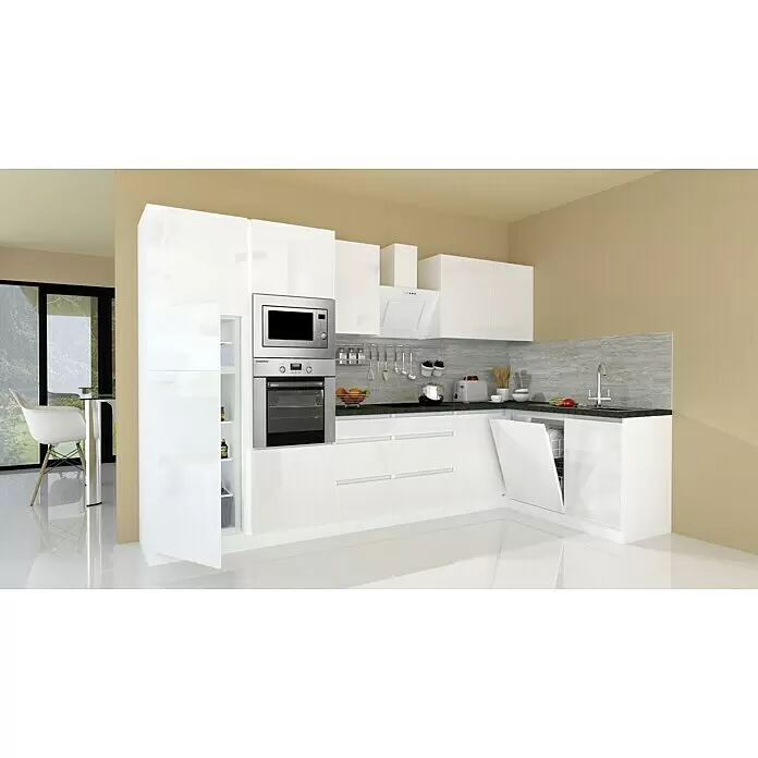Respekta Premium Cocina esquinera Lorena - Ancho: 345 cm, Blanco, Brillo intenso, Efecto piedra, Con electrodomésticos - Cocina moderna blanca brillante con electrodomésticos integrados como horno, microondas y lavavajillas, en un diseño funcional.