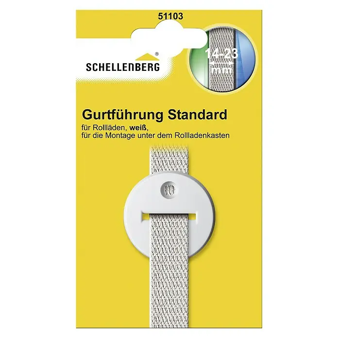 Schellenberg Gurtführung Standard Mini & MaxiDurchmesser: 42 mm, Weiß - Produktverpackung der Schellenberg Gurtführung Standard, weiß für Rollläden mit Bandbreite 14-23 mm zur Montage unter dem Rolladenkasten.