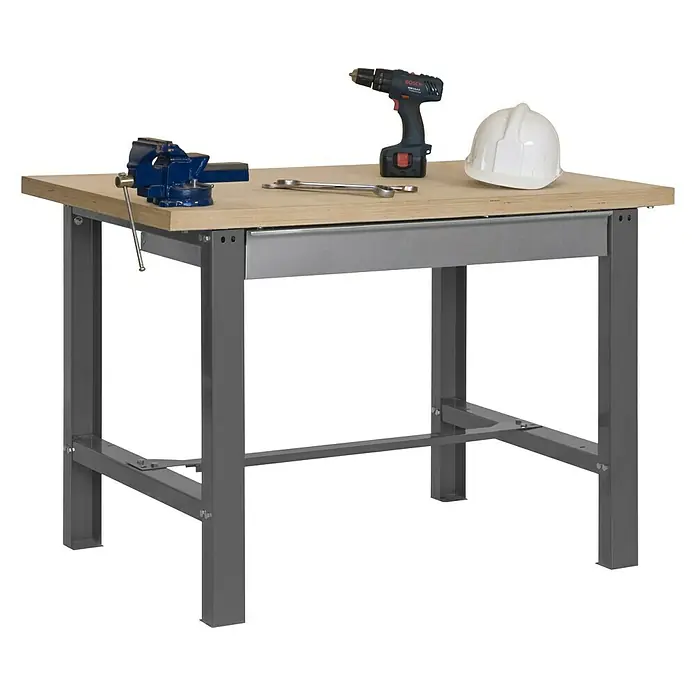 Simonrack Simonwork Werkbank BT6L MDF 1BOX - L x B: 75 x 120 cm, Arbeitshöhe: 86,5 cm, Belastbarkeit: 635 kg, Grau - Werkbank mit Schraubstock, Bohrmaschine, Schraubenschlüssel und Schutzhelm. Ideal für Heimwerker und Werkstätten.