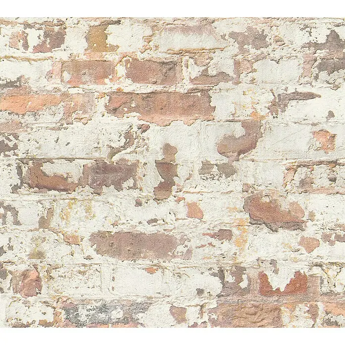 A.S. Création Metropolitan Stories Vliestapete Mauerwerk - Weiß/Rot, Steinoptik, 10,05 x 0,53 m - Bild einer abblätternden Backsteinmauer, die Textur und rustikalen Charme mit verwittertem, weiß getünchtem Finish bietet.