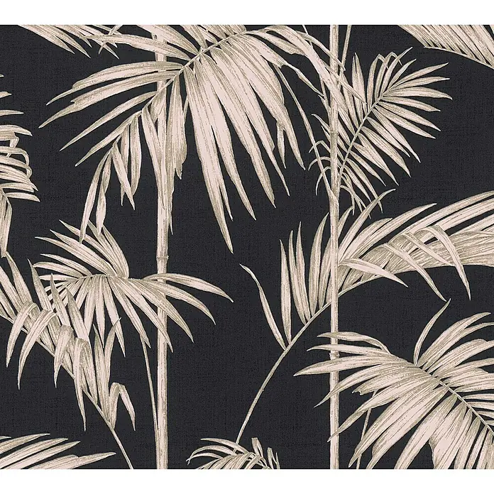 A.S. Création Metropolitan Stories Vliestapete Gräser - Schwarz/Beige, Floral, 10,05 x 0,53 m - Bild einer Tapete mit einem Muster aus stilisierten Palmenblättern in Beige- und Grautönen vor einem dunklen Hintergrund.