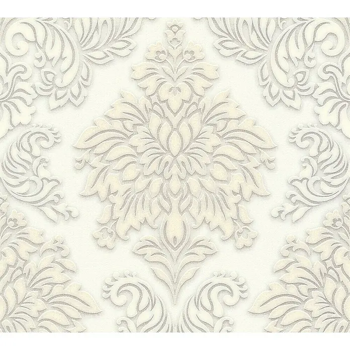 A.S. Création Metropolitan Stories Vliestapete DamaskAltweiß, Ornament, 10,05 x 0,53 m - Elegante Tapete in Elfenbein mit erhabenem Damastmuster für einen luxuriösen Look.