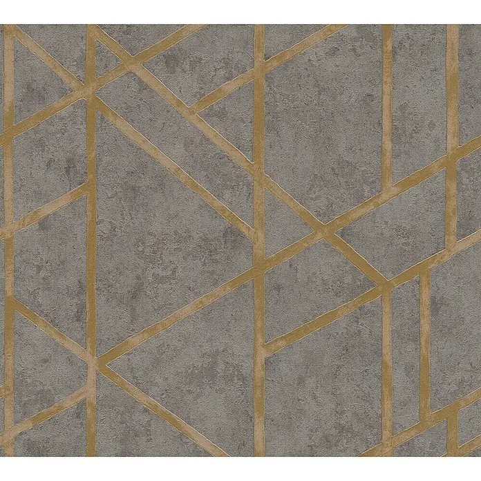 A.S. Création Metropolitan Stories Vliestapete Geometrie - Grau/Gold, Grafisch, 10,05 x 0,53 m - Nahaufnahme einer grauen geometrischen Tapete mit goldenen Linien, die ein modernes und stilvolles Design erzeugt.