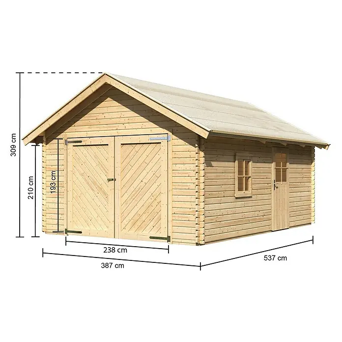 Karibu Garage - Holz, 19,4 m², Wandstärke: 40 mm, Satteldach - Abbildung eines Holzschuppens mit Abmessungen für verschiedene Teile.