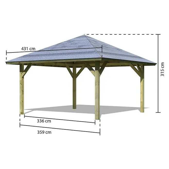Karibu Gartenpavillon Kirn - Außenmaß inkl. Dachüberstand (B x T): 431 x 431 cm, Holz, Natur - Abbildung eines Holzpavillons mit Maßangaben zu Höhe, Breite und Dachlänge.