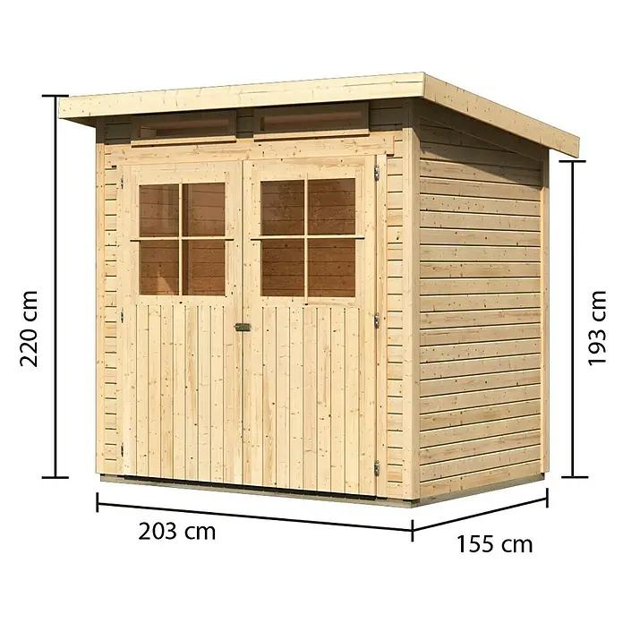 Karibu Gartenhaus Glücksburg - Außenmaß inkl. Dachüberstand (B x T): 242 x 175 cm, Holz, Natur, Grundfläche: 3,02 m² - Abbildung eines Holzgartenschuppens mit Doppeltür und Größenangaben.