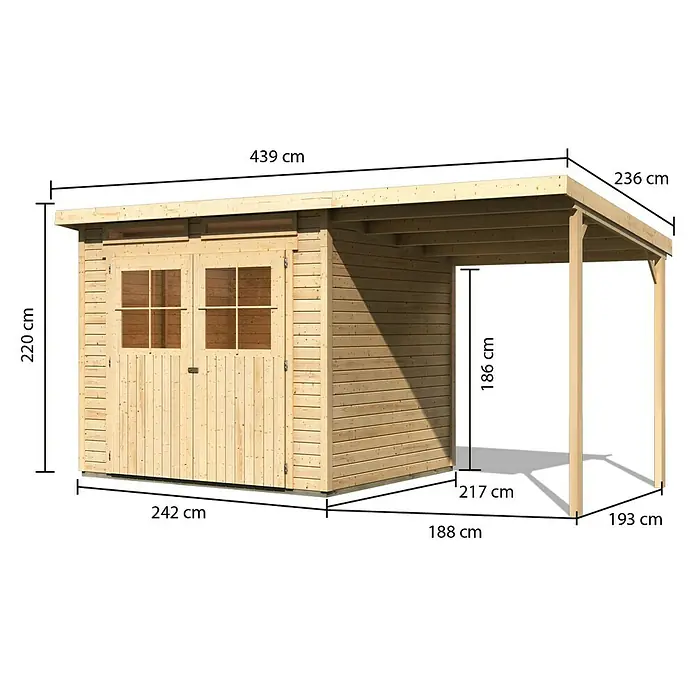 Karibu Gartenhaus Glücksburg - Außenmaß inkl. Dachüberstand (B x T): 439 x 236 cm, Holz, Natur, Grundfläche: 5,07 m² - Ansicht des Holzschuppens mit den Abmessungen Länge 439cm, Breite 242cm, Höhe 220cm mit Carport und Abmessungen für die Montage.