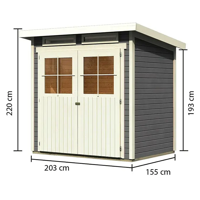 Karibu Gartenhaus Glücksburg - Außenmaß inkl. Dachüberstand (B x T): 242 x 175 cm, Holz, Terragrau, Grundfläche: 3,02 m² - Bild einer Gartenlaube mit Abmessungen. Die Gartenlaube hat eine Höhe von 220 cm, eine Breite von 203 cm und eine Tiefe von 155 cm.