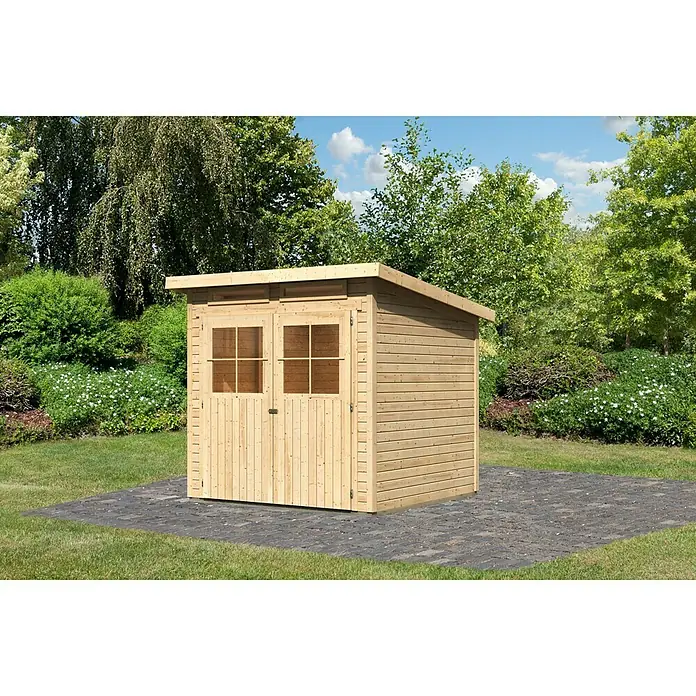 Karibu Gartenhaus Glücksburg - Außenmaß inkl. Dachüberstand (B x T): 242 x 236 cm, Holz, Natur, Grundfläche: 4,45 m² - Ein geräumiges Holzgartenhaus mit Doppeltür und Fenstern. Ideal zur Aufbewahrung von Gartengeräten und Werkzeugen.
