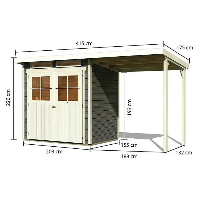 Karibu Gartenhaus Glücksburg - Außenmaß inkl. Dachüberstand (B x T): 415 x 175 cm, Holz, Terragrau, Grundfläche: 3,02 m² - Ansicht eines Holzschuppens mit den Maßen 220 cm Höhe, 203 cm Breite und 415 cm Länge.