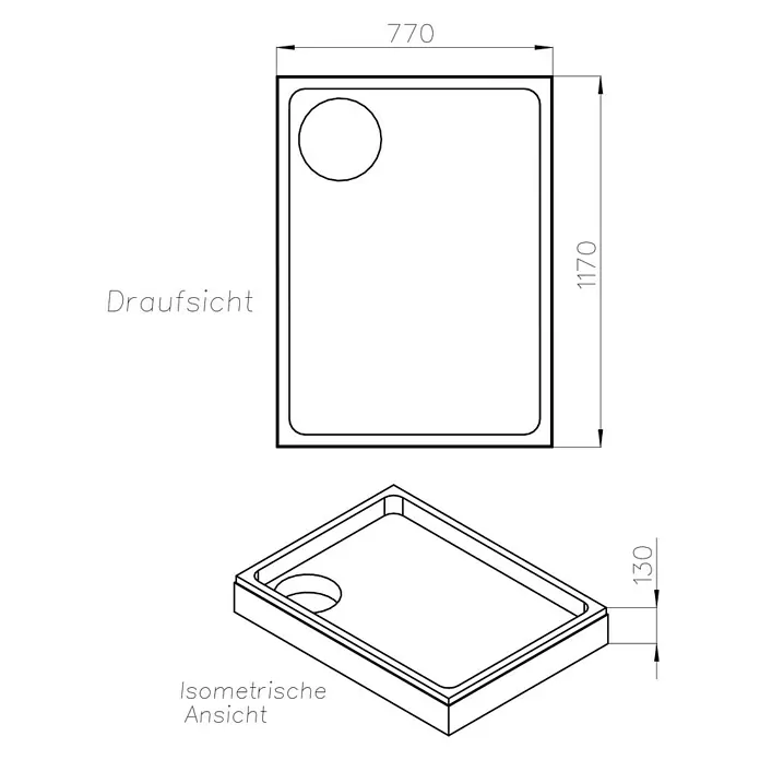 Ottofond Duschwannenträger Puerto - L x B: 117 x 77 cm, Expandiertes Polystyrol, Weiß - Technische Zeichnung einer Duschwanne mit den Maßen 770 x 1170 mm und einer Höhe von 130 mm. Detailansicht der Duschwanne.