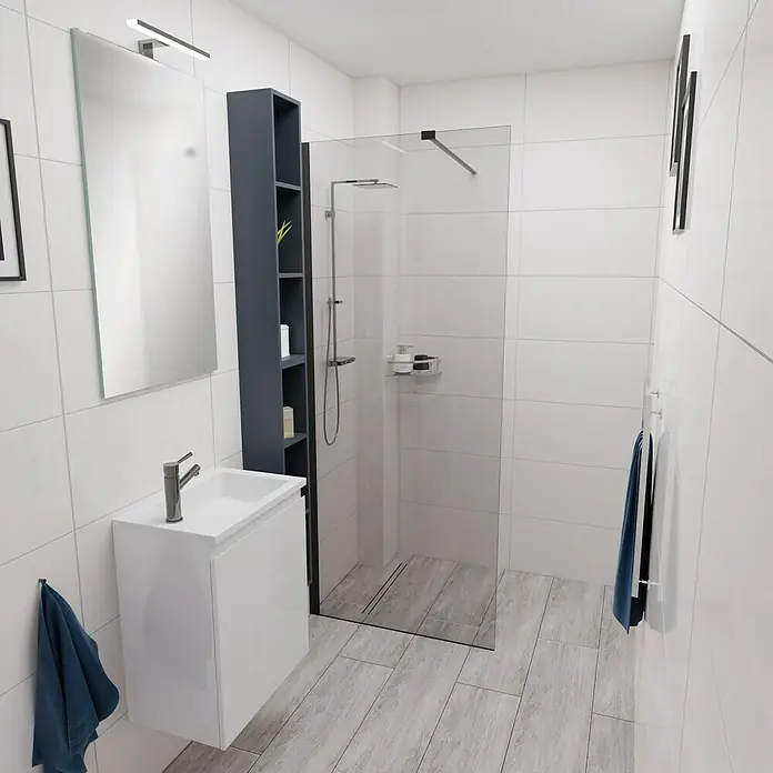 Camargue Espacio Badmöbel-Set F3 - 70 cm, Gama weiß glänzend - Modernes Badezimmer mit Waschtisch, Spiegel, Regal und begehbarer Dusche in Weiß und Grau.