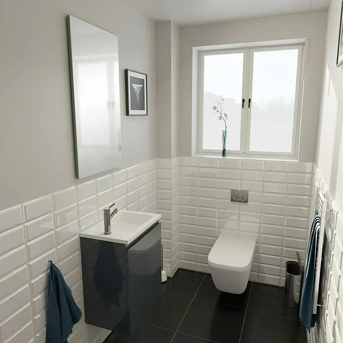 Camargue Espacio Badmöbel-Set C5 - 50 cm, Gama anthrazit glänzend - Badezimmer-Interieur mit modernem Waschbeckenunterschrank in Anthrazit, weißer Keramik und Spiegel. Stilvolles Design mit Fokus auf Funktionalität und Ästhetik.