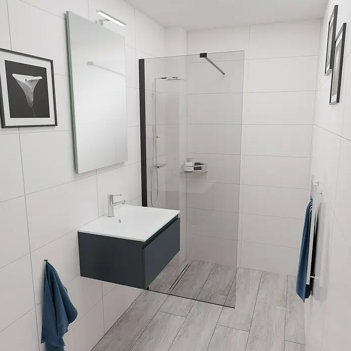Camargue Espacio Badmöbel-Set E4 - 60 cm, Gama anthrazit matt - Ein modernes Badezimmer mit stilvollem Waschtisch in Anthrazit und einer eleganten Duschkabine. Das Design besticht durch klare Linien und helle Farben.