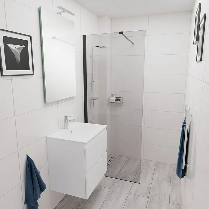 Camargue Espacio Waschtischunterschrank - 60 x 46 x 60 cm, 2 Schubkästen, Gama weiß matt - Moderne Badezimmeransicht mit elegantem Waschbeckenunterschrank, stilvoller Dusche und minimalistischem Design für ein entspannendes Ambiente.