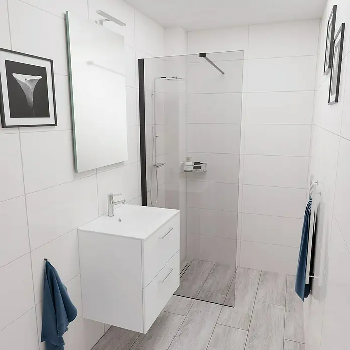 Camargue Espacio Badmöbel-Set E10 - 60 cm, Mira - Ein modernes Badezimmer mit einem stilvollen Waschtisch mit Schubladen, einer Duschkabine und minimalistischen Dekorationen.