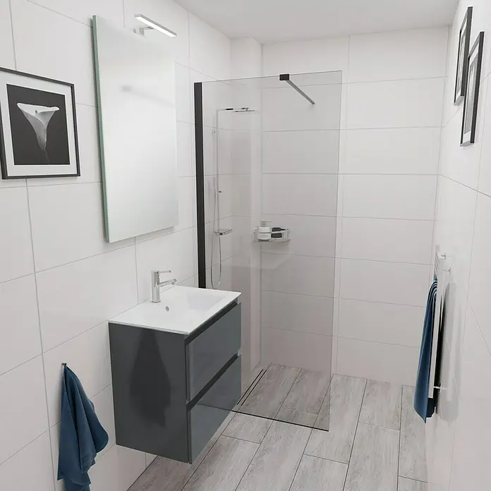 Camargue Espacio Badmöbel-Set E54 - 60 cm, Gama anthrazit glänzend - Ein Badezimmer mit einem grauen Waschtisch mit zwei Schubladen und einer Duschkabine aus Glas.