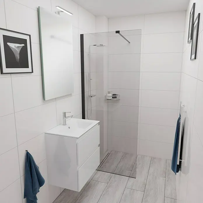 Camargue Espacio Badmöbel-Set E50 - 60 cm, Gama weiß glänzend - Ein modernes Badezimmer mit einem Waschtisch mit Unterschrank, einer Duschkabine und einer stilvollen Wanddekoration, die für ein elegantes Ambiente sorgt.