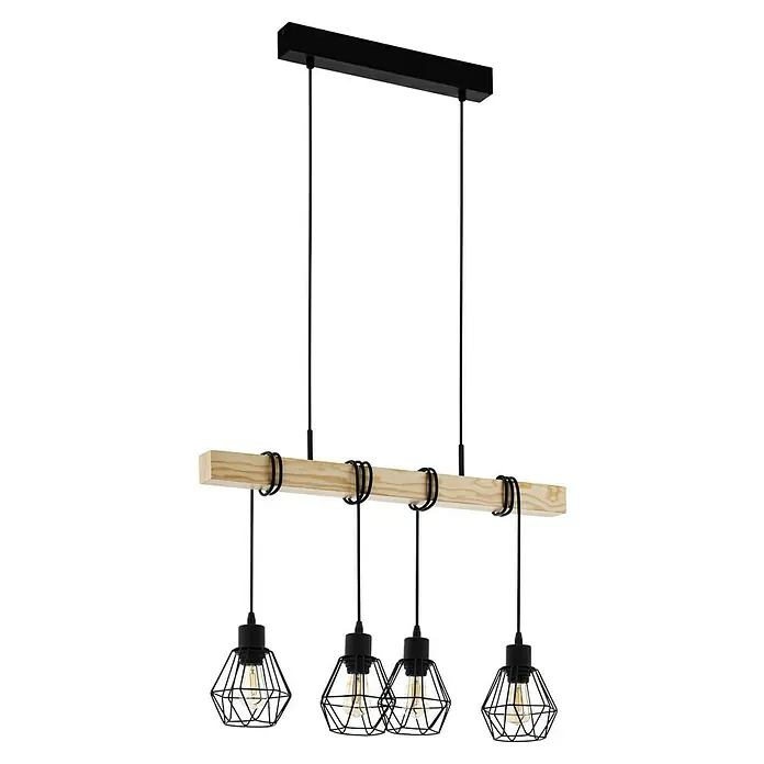 Eglo Townshend Pendelleuchte - Höhe: 110 cm - Moderne Pendelleuchte mit vier geometrischen Lampenschirmen und Holzbalkenaufhängung für ein stilvolles Ambiente.