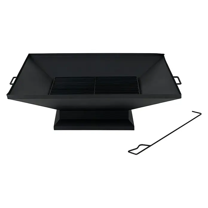 Tepro Feuerschale Penfield - 91 x 79,8 x 25,8 cm, Stahl - Abgebildete ist eine viereckige Feuerstelle mit einem Metallrost und einem Feuerhaken, ideal für gemütliche Abende im Freien.