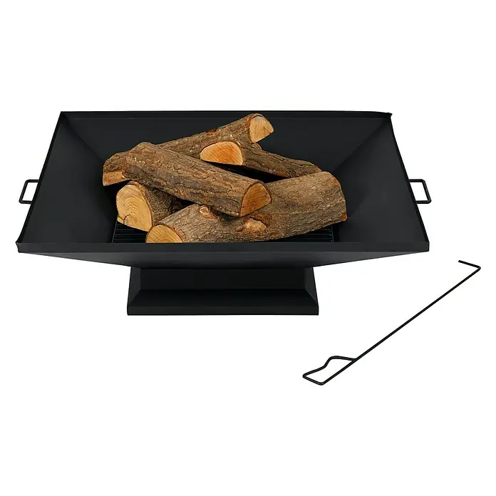 Tepro Feuerschale Penfield - 91 x 79,8 x 25,8 cm, Stahl - Eine quadratische Feuerstelle aus Metall mit Holzscheiten und einem Schürhaken. Ideal für gemütliche Abende im Freien.