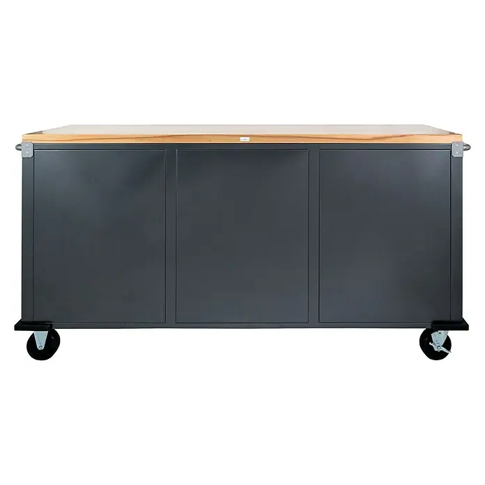 Werkstattwagen - L x B x H: 51 x 195 x 95 cm, Anzahl Schubladen: 12 Stk. - Das Bild zeigt eine Kücheninsel mit einer hellen Holzplatte und drei dunkelgrauen Schranktüren. Sie steht auf Rollen und ist modern gestaltet.