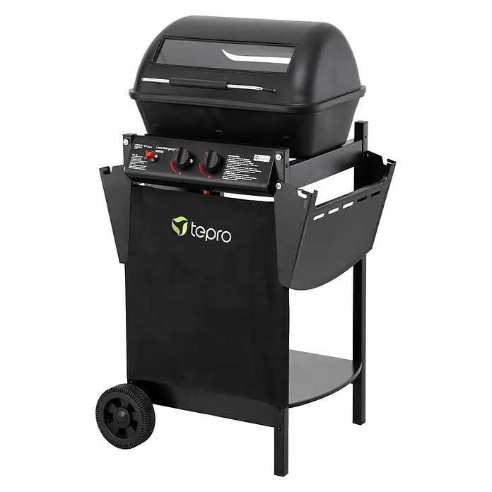 Tepro Gasgrill Irvine - Grillfläche (B x T): 50 x 31 cm, 5,4 kW, Anzahl Brenner: 2 - Schwarzer Tepro Gasgrill mit geschlossenem Deckel, Bedienteil mit Drehknöpfen und Ablagefläche für Grillzubehör.