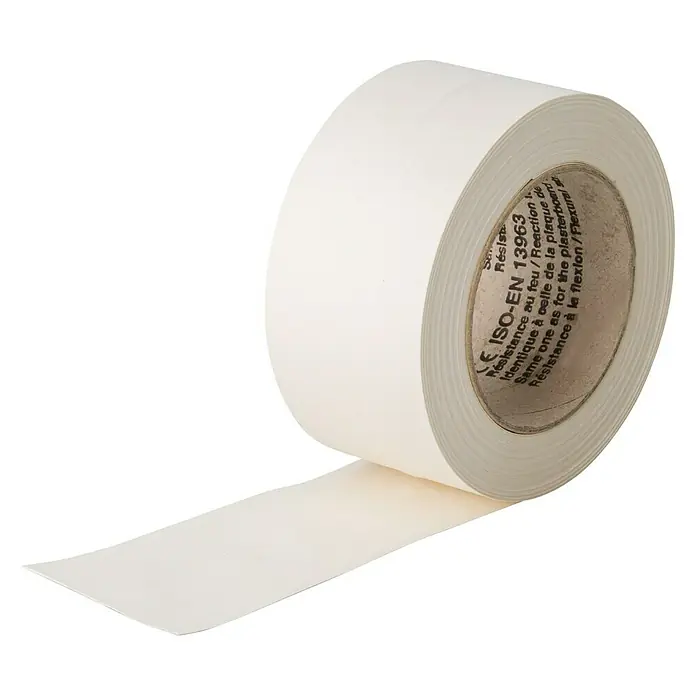 Placafix Cinta para placas de yeso - 150 m x 51 mm - Toma de un rollo de cinta de papel blanco resistente al fuego que se desenrolla del rollo.