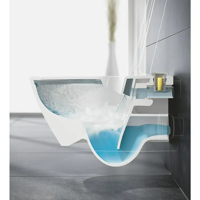 Villeroy & Boch Subway 2.0 Wand-WC ViFresh - Spülrandlos, Mit schmutzabweisender Glasur, Spülform: Tief, WC Abgang: Waagerecht, Weiß - Detailaufnahme einer modernen Toilette, die ihr Spülsystem und Design in einem Schnittbild zeigt. Ideal für Badausstattung und Sanitärtechnik.