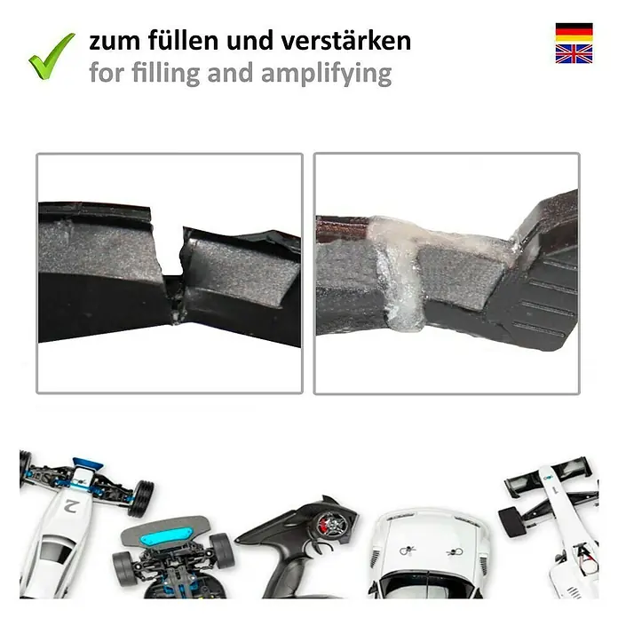 HG Power Glue Kleber-Set Klebstoff und Granulat - 15 g, 2 -tlg., Flasche - Das Bild zeigt ein Produkt zum Füllen und Verstärken von Modellbauteilen, ideal für RC-Cars und Modellrennwagen.