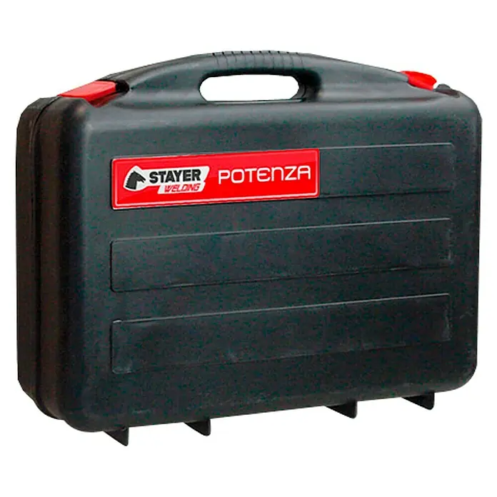 Stayer Equipo de soldadura Potenza TIG170HF - 230 V - Caja de herramientas negra Stayer Potenza con logo y asas rojas, ideal para transportar equipos y accesorios de soldadura.