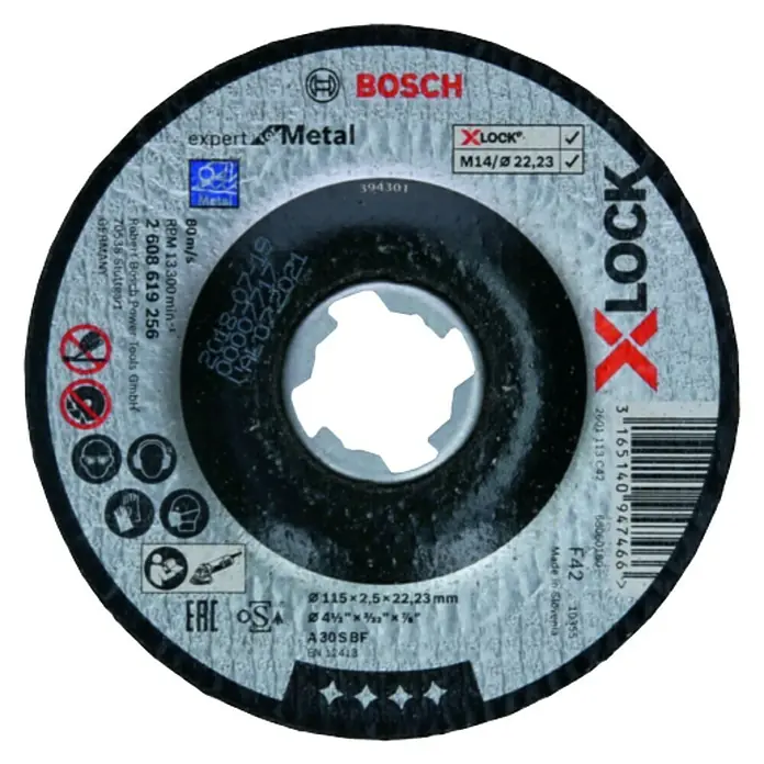 Bosch Professional X-Lock Disco de corte Expert for Metal - Diámetro disco: 115 mm, Espesor disco: 2,5 mm, Apto para: Metal, 1 ud. - La imagen muestra un disco de corte de metal Bosch Expert, ideal para cortar metal, con un sistema X-LOCK para cambios rápidos de herramientas.