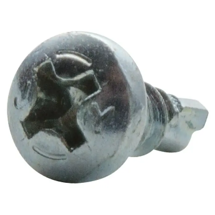 Placafix Tornillo para construcción en seco cabeza pequeña - Largo: 9,5 mm, Número de componentes: 1.000 ud., Diámetro cabeza: 3,5 mm - Primer plano de un tornillo metálico de cabeza Phillips con cabeza redondeada sobre un fondo negro.