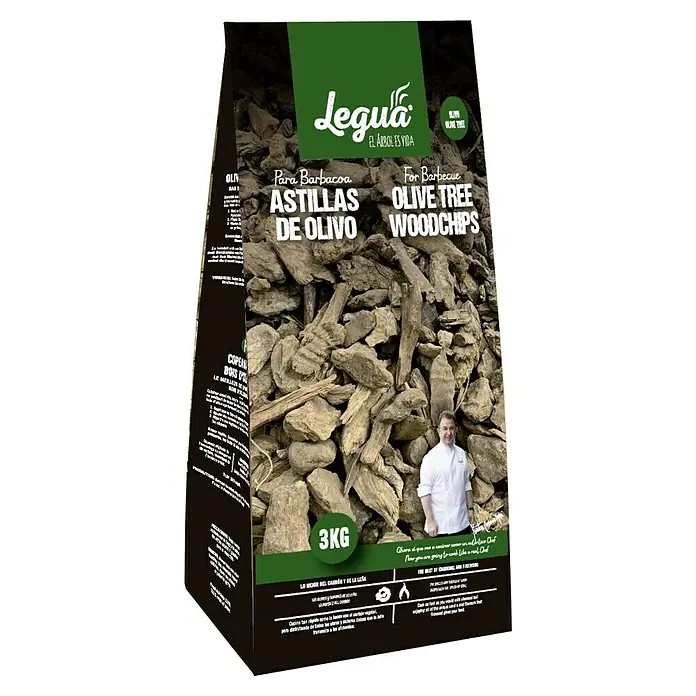 Legua Astillas de madera de Olivo - 3 kg - Imagen de astillas de olivo "Legua", paquete de 3 kg, ideal para una auténtica experiencia de barbacoa con leña de olivo.